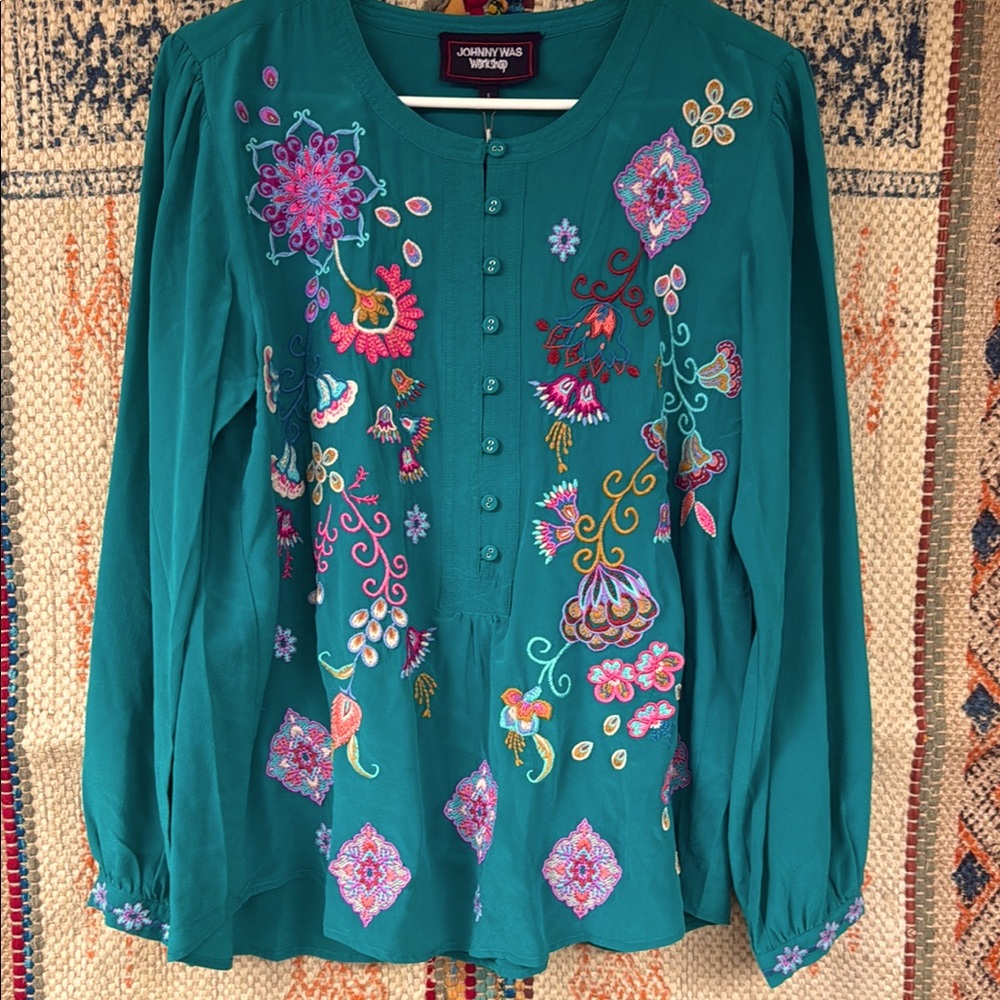 Johnny Was “Quetzal Embroidered Silk Top”. New with tags.